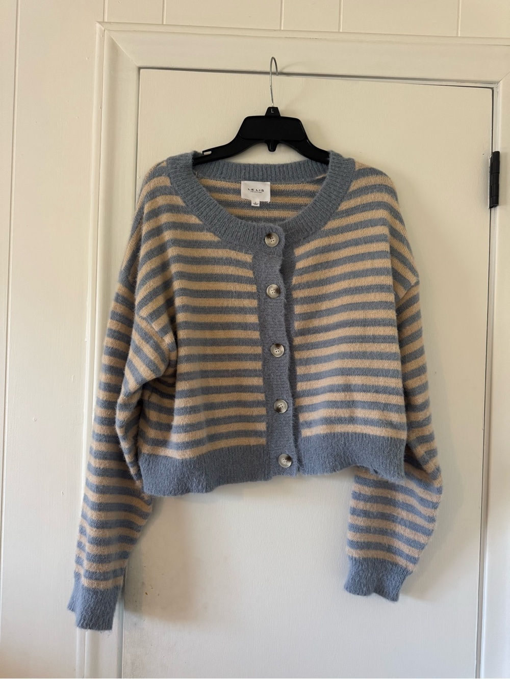 Le Lis Blue & Cream Striped Button-Front Cropped Cardigan